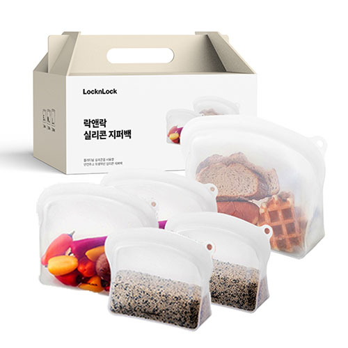 락앤락 프리미엄 실리콘 지퍼백 5종세트(600ml 2ea+1.2L 2ea+2L 1ea)