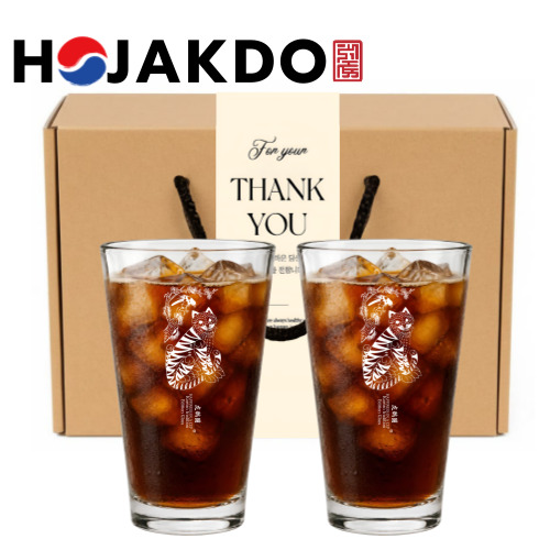 한국전통 민화 까치와 호랑이 호작도 글라스컵 480ml 2P 선물세트