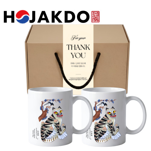 한국전통 민화 까치와호랑이 호작도 도자기 머그 355ml 2P 선물세트