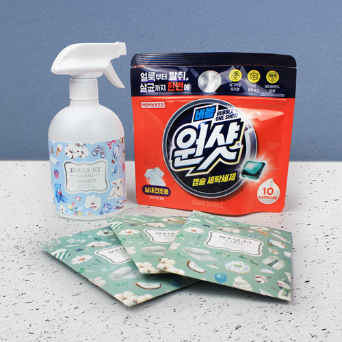 슈가버블 버블원샷 캡슐세제+부케가르니 섬유탈취제 500ml+부케가르니 옷장 방향제 샤쉐 3매입