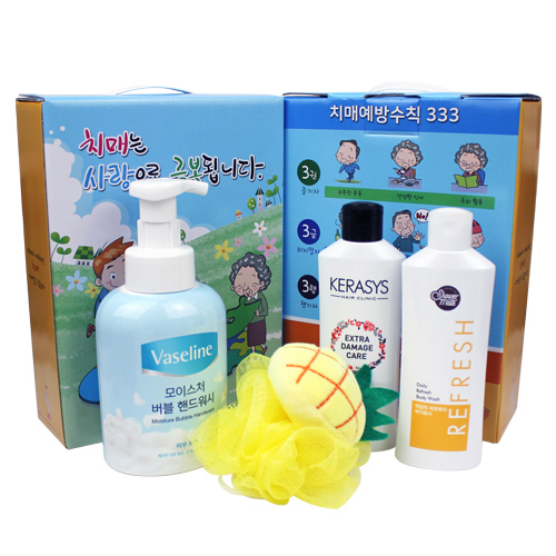 바세린 버블 핸드워시 + 케라시스 샴푸 + 샤워메이트 바디워시 + 과일 샤워스폰지 샤워볼 4종 치매예방 케이스 변경가능