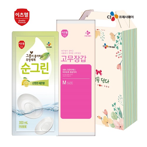 CJ 이츠웰 순그린 주방세제 (300ml 리필) , 고무장갑 2종 세트
