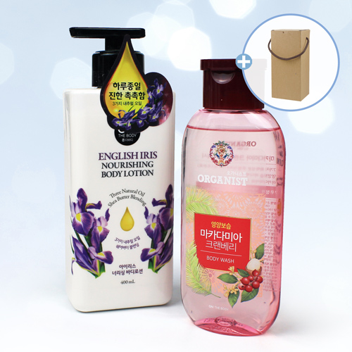 LG온더바디 아이리스 바디로션 400ml + LG오가니스트 마카다미아 크랜베리 바디워시 190ml + 끈케이스