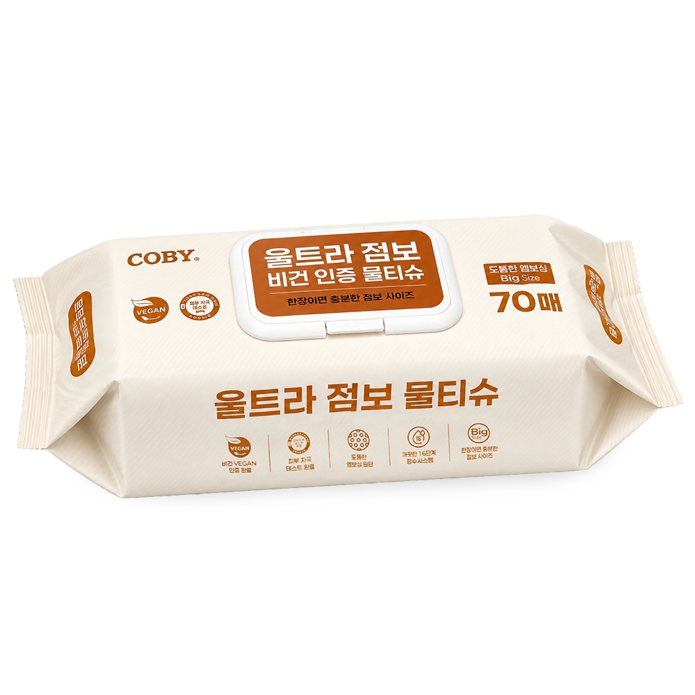 코비 비건 초대형 울트라 빅사이즈 점보 도톰 엠보싱 캡형 물티슈 70매