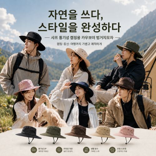 프리미엄 샤프 통기성 캠핑용 카우보이 벙거지모자(캠핑모자/등산모자/아웃도어모자/카우보이모자/통기성모자/여름모자/햇빛차단모자)