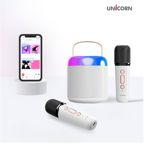 유니콘 블루투스 5.3 듀얼 노래방 마이크 음성 변조 모드 LED조명 스피커 DSP칩셋 보관파우치 KTV-500GM