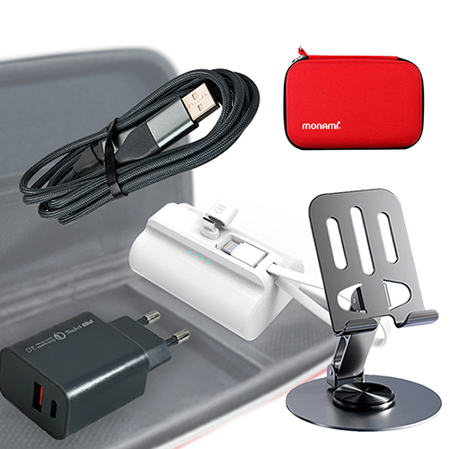 팝폰 여행용 파우치 선물 세트 대용량 도킹형 보조배터리10000mAh 2in1초고속충전 케이블(60w) 360도 메탈 회전거치대(스마트폰/테블릿) CS54-1
