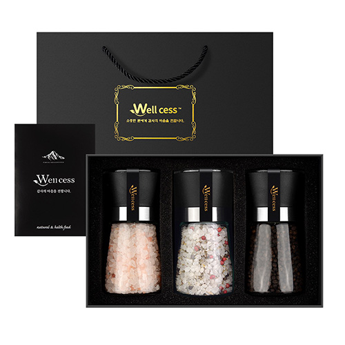 쉐프의 소금 웰세스 그라인더 선물세트 WG-203H, 히말라야핑크솔트 핑크소금 허브솔트 블랙페퍼 통후추 그라인더 명절선물 근로자의날 창립기념 선물세트