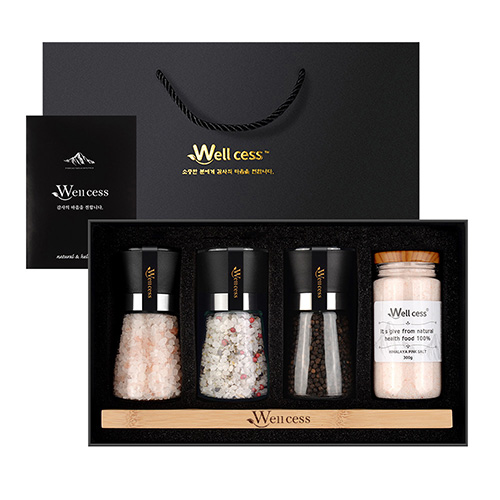 쉐프의소금 웰세스 그라인더 선물세트 WG-205H, 히말라야핑크솔트 핑크소금 허브솔트 블랙페퍼 통후추 그라인더 명절선물 근로자의날 창립기념 선물세트