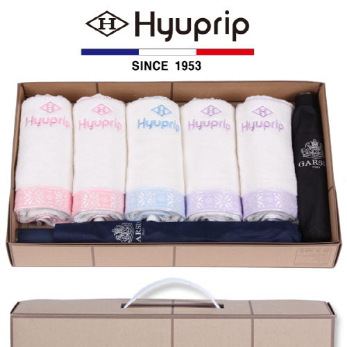 협립 눈꽃 타올 5P + 가르시아 2단 심플 우산 1P + 3단 심플 수동우산 1P- 우산 타올 세트