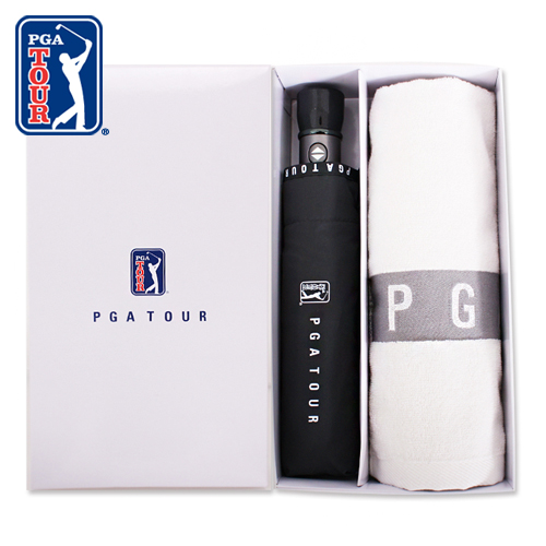 PGA 3단 로고 바이어스 완전 자동우산 + 130g 타올 우산 선물세트