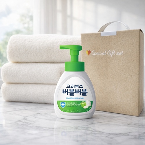 크리넥스 버블 거품 핸드워시 250ml + 국산 호텔타올수건 140g 2종세트 손잡이케이스포함