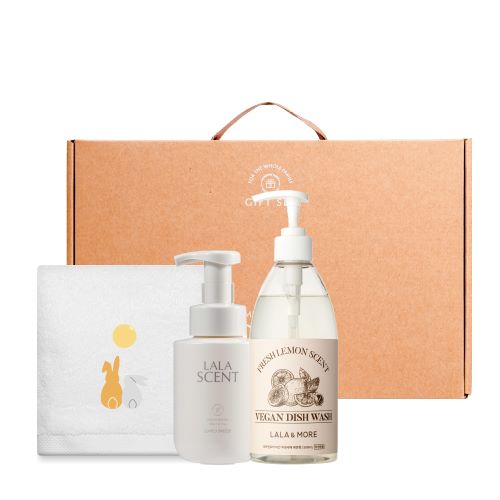 한가위 추석 명절 호텔 타올 1P + 비건 핸드워시 300ml + 비건 주방세제 500ml 선물 세트 당일발송 자수있는 수건