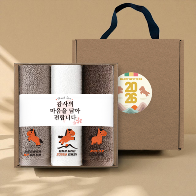 송월타올 2026 새해 붉은 말 핸들패키지 3매입 세트 (150g 30수 3매+띠지+스티커)