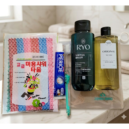 알뜰 여행선물세트/샤워타올/치약/칫솔/쿨링샴퓨/바디클렌져/판촉용.홍보용 스티커부착 가능